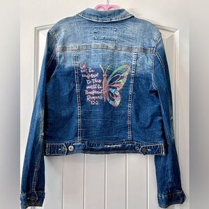 Upcycled Red Camel Light Blue Denim Jacket w/ Hand Painted Design